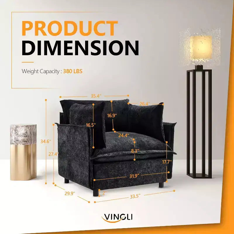 VINGLI Sillón negro decorativo, 34 pulgadas de ancho, silla de lectura de gran tamaño, sillón tapizado, tela suave de chenilla, sillones para sala de estar, sofá para adultos, dormitorio