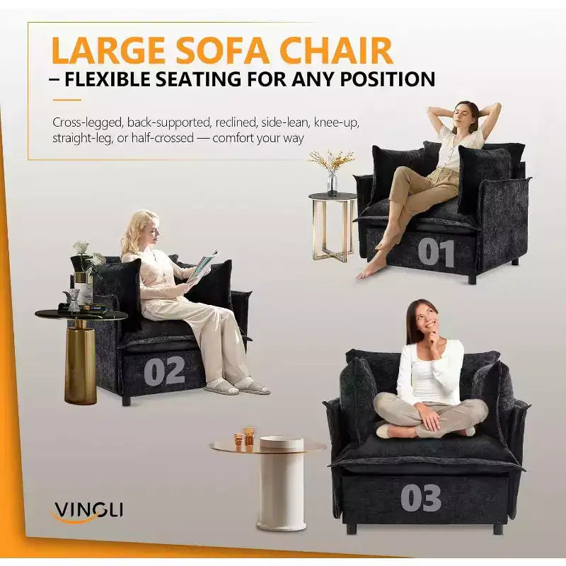 VINGLI Sillón negro decorativo, 34 pulgadas de ancho, silla de lectura de gran tamaño, sillón tapizado, tela suave de chenilla, sillones para sala de estar, sofá para adultos, dormitorio