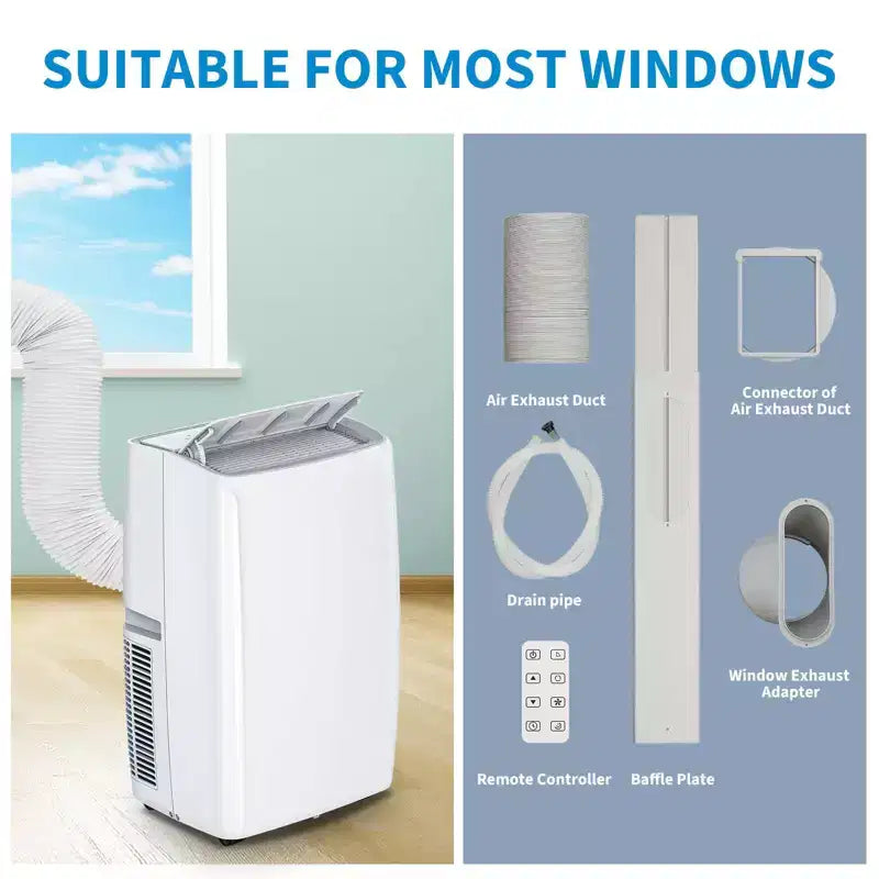 14,000 BTU Portable AC Unit Multi-Functional Cooling Dehumidifier Fan Automatic Dehumidification LED Touch Panel Remote Window Vent Kit