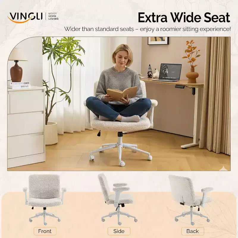 Silla VINGLI Criss Cross con Brazos Abatibles Ajustables, Silla de Piernas Cruzadas con Ruedas, Silla de Oficina Extra Ancha, Silla de Escritorio para Oficina en Casa, Tocador