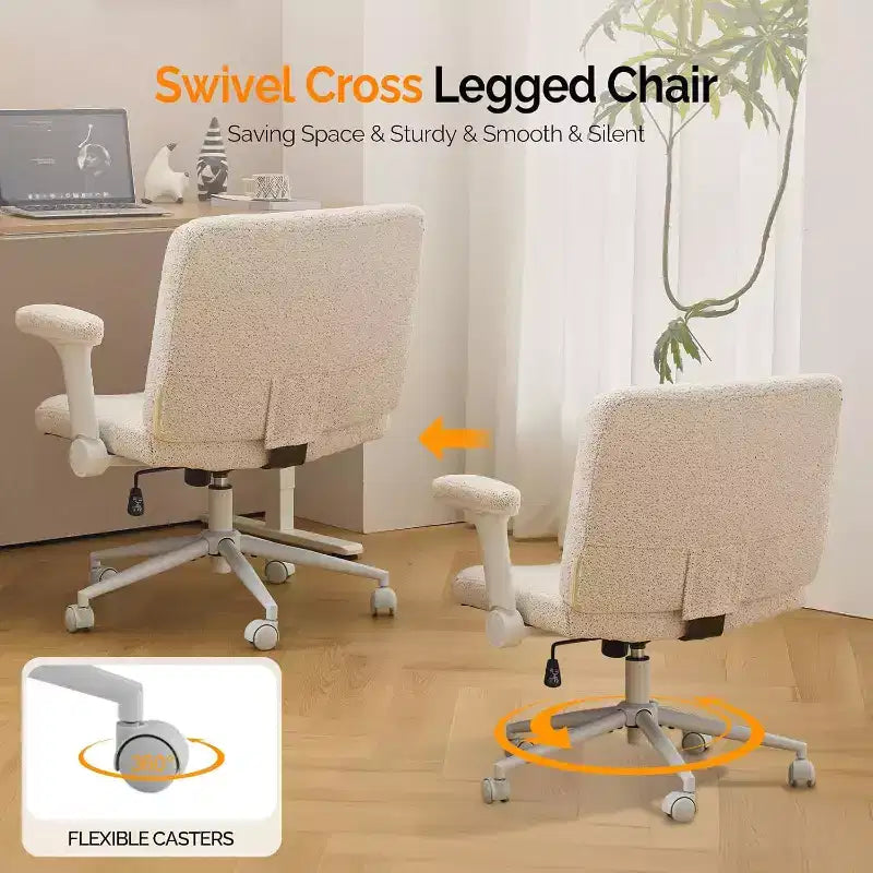 Silla VINGLI Criss Cross con Brazos Abatibles Ajustables, Silla de Piernas Cruzadas con Ruedas, Silla de Oficina Extra Ancha, Silla de Escritorio para Oficina en Casa, Tocador