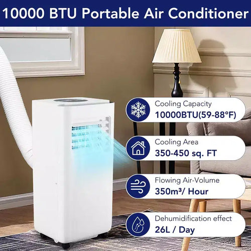 Aire acondicionado portátil de 10000 BTU - Enfriamiento, deshumidificador, ventilador 3 en 1 para habitaciones de hasta 450 pies cuadrados, con control remoto, modo de suspensión, temporizador de 24 horas y fácil movilidad