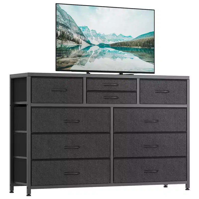 45 Modern 10-Drawer Dresser & TV Stand with Wood Top, Metal Frame and Fabric Drawers for Bedroom, Living Room and Closet Organization