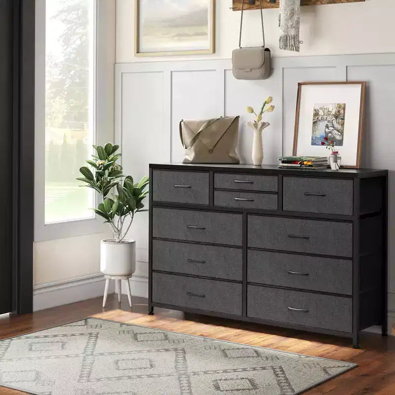 Cómoda de 10 cajones y mueble para TV modernos con tapa de madera, estructura de metal y cajones de tela para dormitorio, sala de estar y organización de armarios