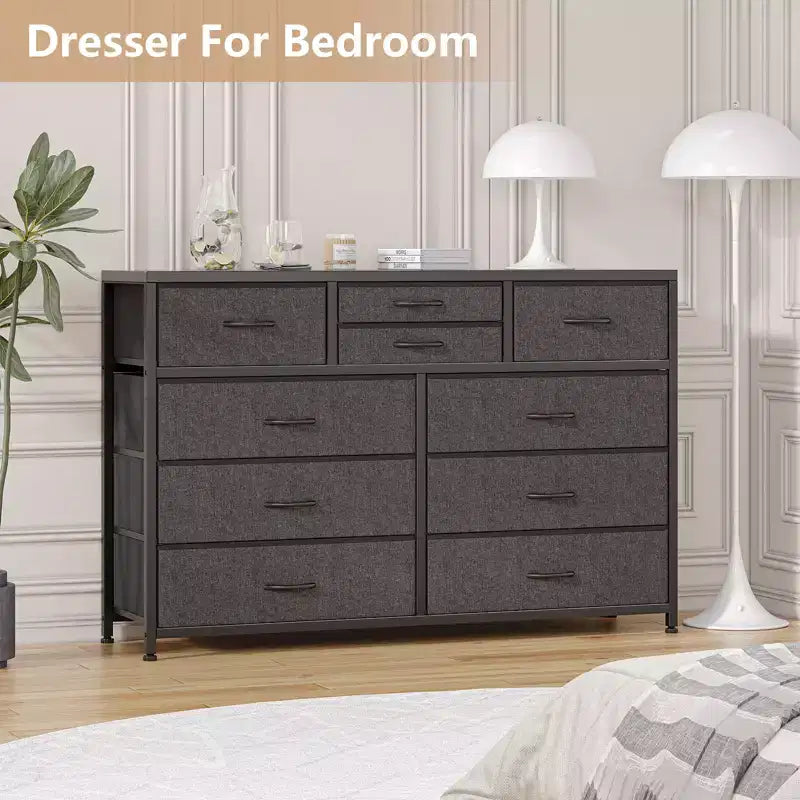 Cómoda de 10 cajones y mueble para TV modernos con tapa de madera, estructura de metal y cajones de tela para dormitorio, sala de estar y organización de armarios