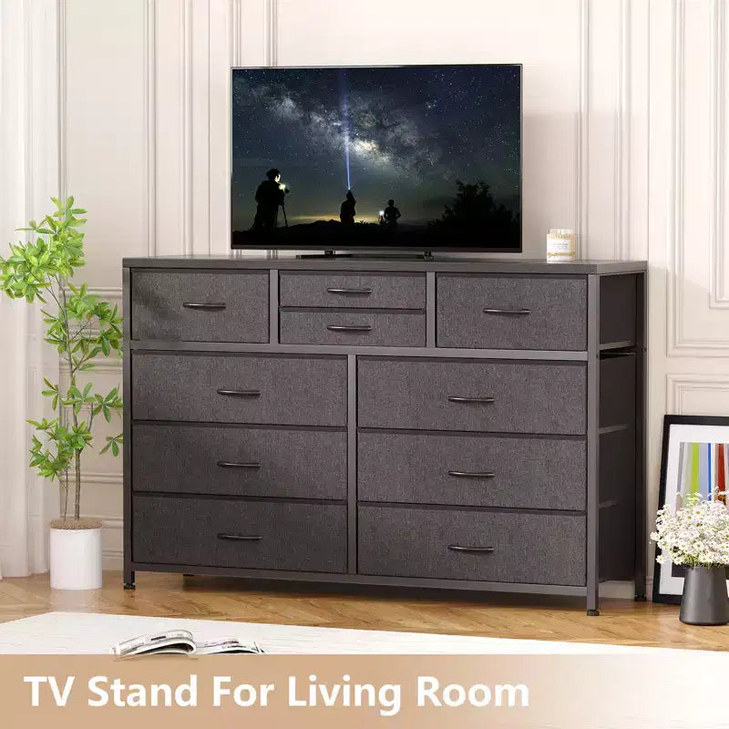 Cómoda de 10 cajones y mueble para TV modernos con tapa de madera, estructura de metal y cajones de tela para dormitorio, sala de estar y organización de armarios