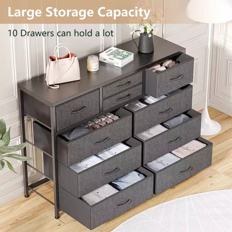 Cómoda de 10 cajones y mueble para TV modernos con tapa de madera, estructura de metal y cajones de tela para dormitorio, sala de estar y organización de armarios