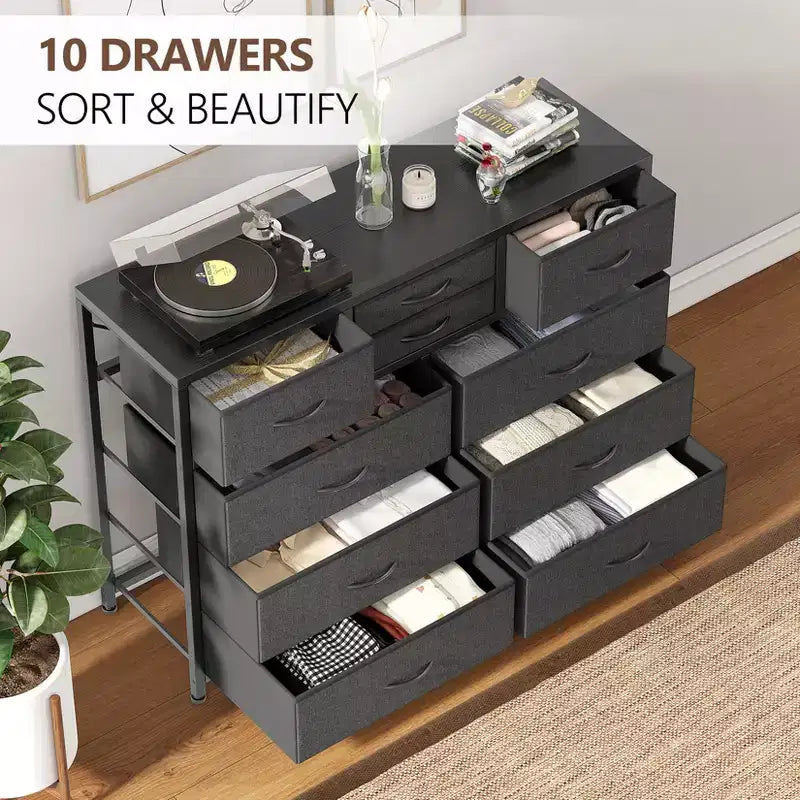 Cómoda de 10 cajones y mueble para TV modernos con tapa de madera, estructura de metal y cajones de tela para dormitorio, sala de estar y organización de armarios