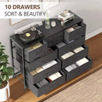 Cómoda de 10 cajones y mueble para TV modernos con tapa de madera, estructura de metal y cajones de tela para dormitorio, sala de estar y organización de armarios