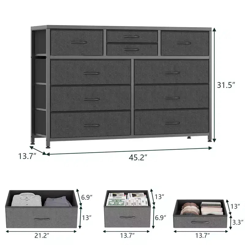 Cómoda de 10 cajones y mueble para TV modernos con tapa de madera, estructura de metal y cajones de tela para dormitorio, sala de estar y organización de armarios