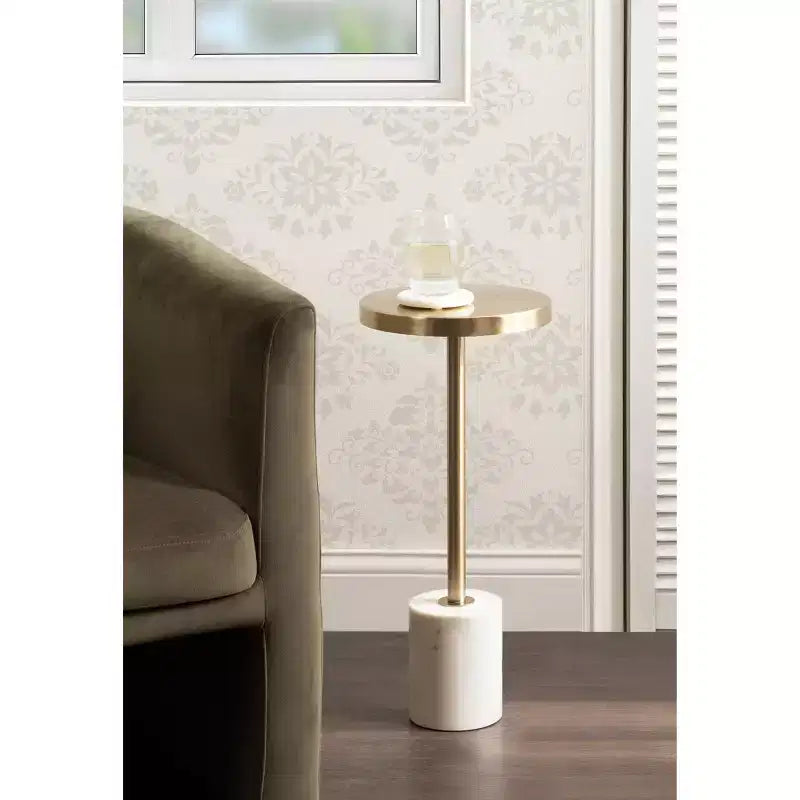 Mesa de pedestal de metal y mármol Hescott de Kate and Laurel, blanca, 10x10x24