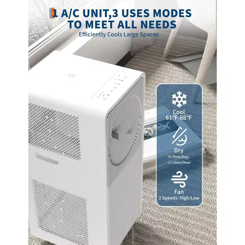 12,000 BTU Portable AC - 3-in-1 White Air Conditioner (1 Pack) for Small Rooms 190-250 Sq.Ft | Drainage-Free with Remote & Window Kit