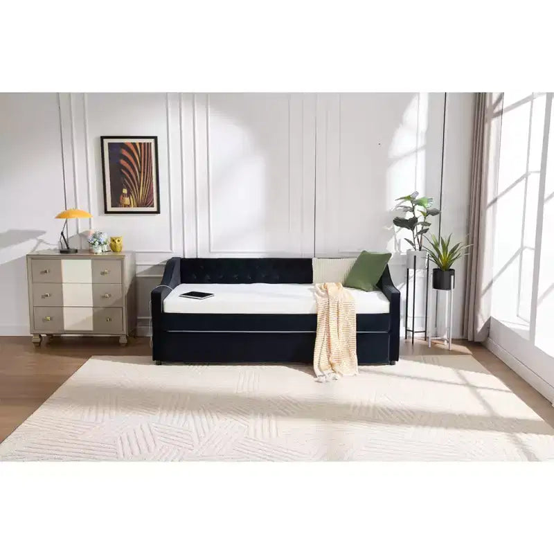 Sofá cama individual con nido, sofá cama de terciopelo con puerto USB, bolsillos laterales, respaldo capitoné para dormitorio, sala de estar - ModernLuxe