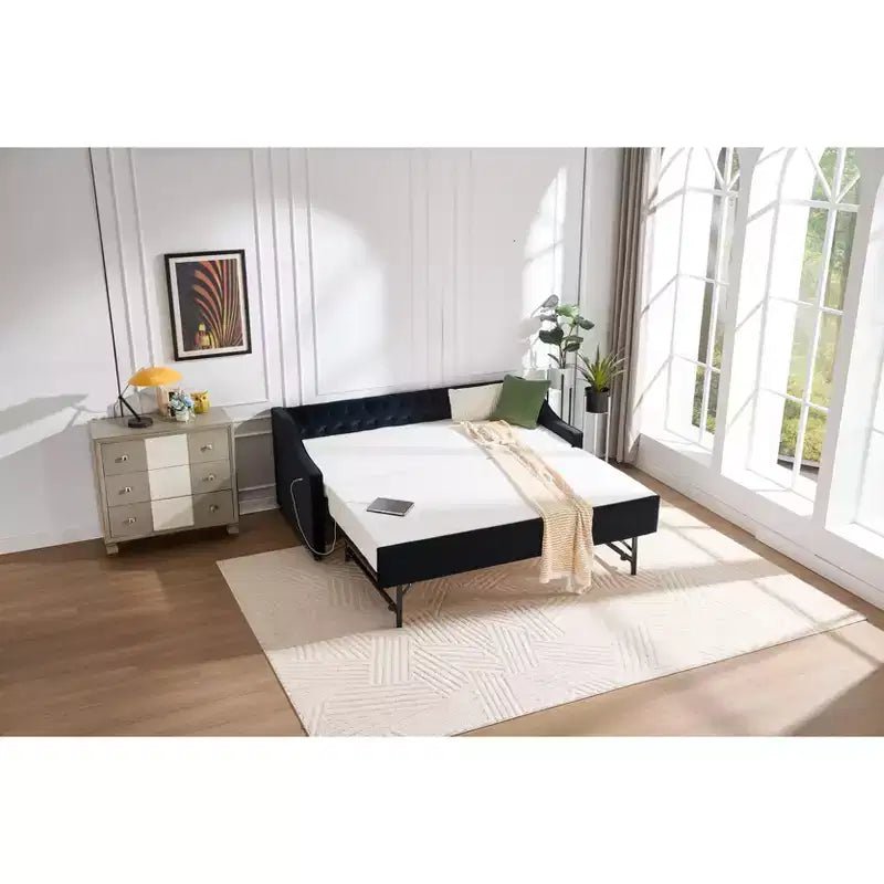 Sofá cama individual con nido, sofá cama de terciopelo con puerto USB, bolsillos laterales, respaldo capitoné para dormitorio, sala de estar - ModernLuxe