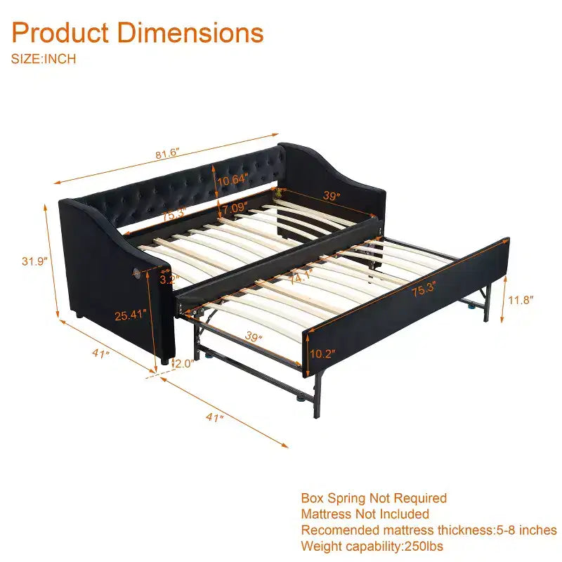 Sofá cama individual con nido, sofá cama de terciopelo con puerto USB, bolsillos laterales, respaldo capitoné para dormitorio, sala de estar - ModernLuxe