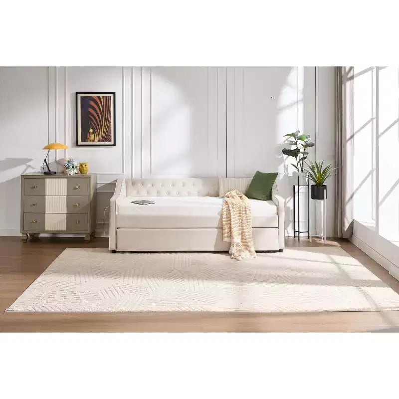 Sofá cama individual con nido, sofá cama de terciopelo con puerto USB, bolsillos laterales, respaldo capitoné para dormitorio, sala de estar - ModernLuxe