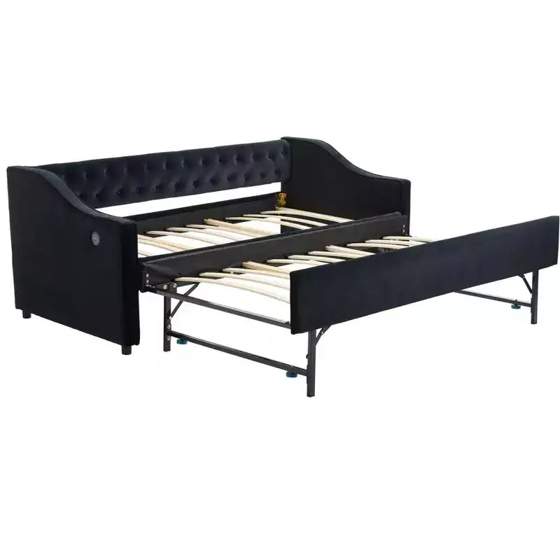 Sofá cama individual con nido, sofá cama de terciopelo con puerto USB, bolsillos laterales, respaldo capitoné para dormitorio, sala de estar - ModernLuxe