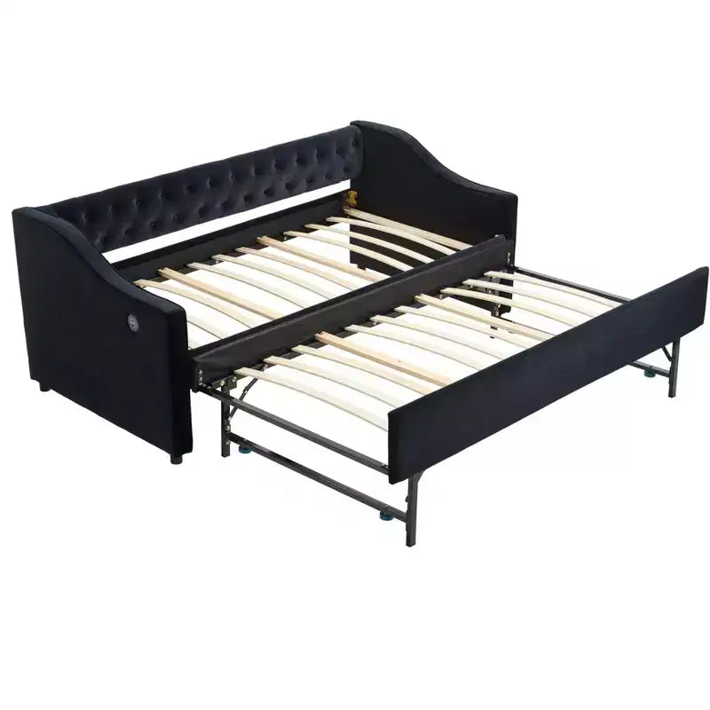 Sofá cama individual con nido, sofá cama de terciopelo con puerto USB, bolsillos laterales, respaldo capitoné para dormitorio, sala de estar - ModernLuxe