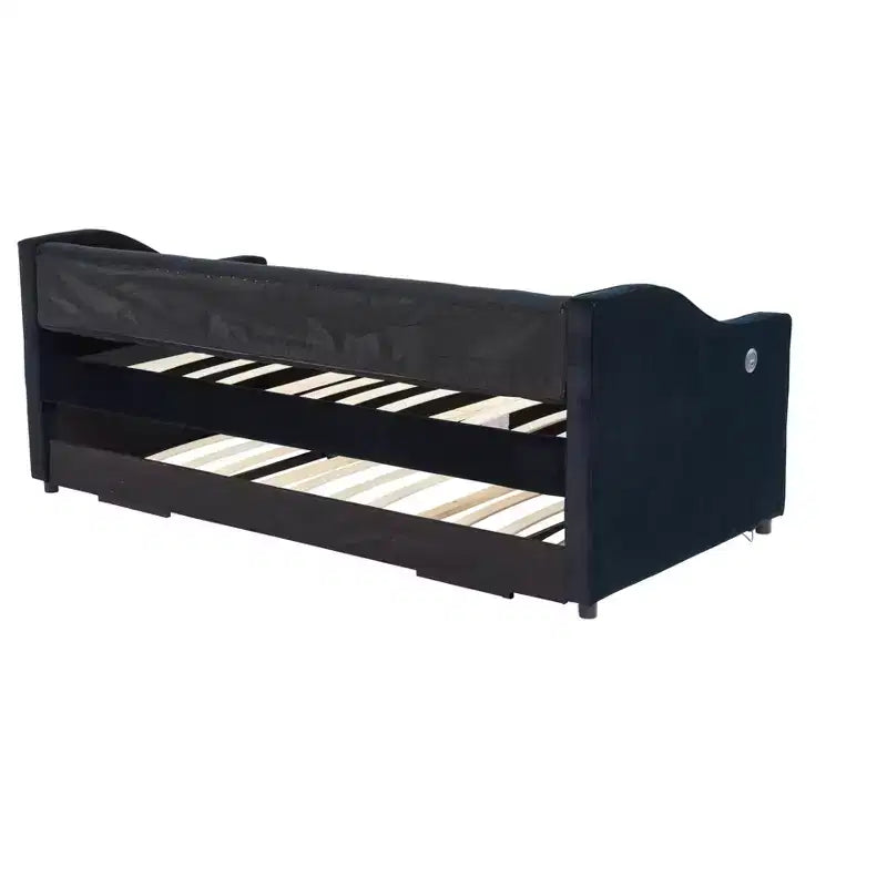 Sofá cama individual con nido, sofá cama de terciopelo con puerto USB, bolsillos laterales, respaldo capitoné para dormitorio, sala de estar - ModernLuxe