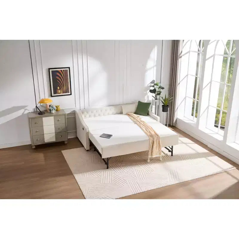 Sofá cama individual con nido, sofá cama de terciopelo con puerto USB, bolsillos laterales, respaldo capitoné para dormitorio, sala de estar - ModernLuxe