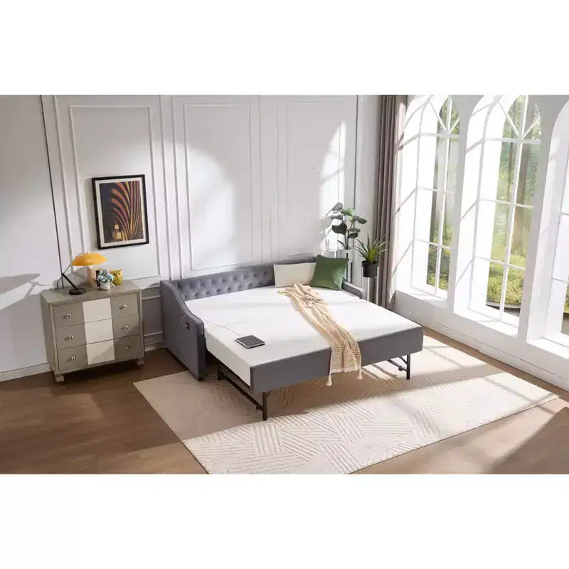 Sofá cama individual con nido, sofá cama de terciopelo con puerto USB, bolsillos laterales, respaldo capitoné para dormitorio, sala de estar - ModernLuxe