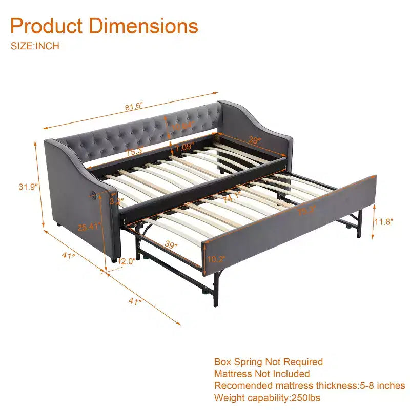 Sofá cama individual con nido, sofá cama de terciopelo con puerto USB, bolsillos laterales, respaldo capitoné para dormitorio, sala de estar - ModernLuxe