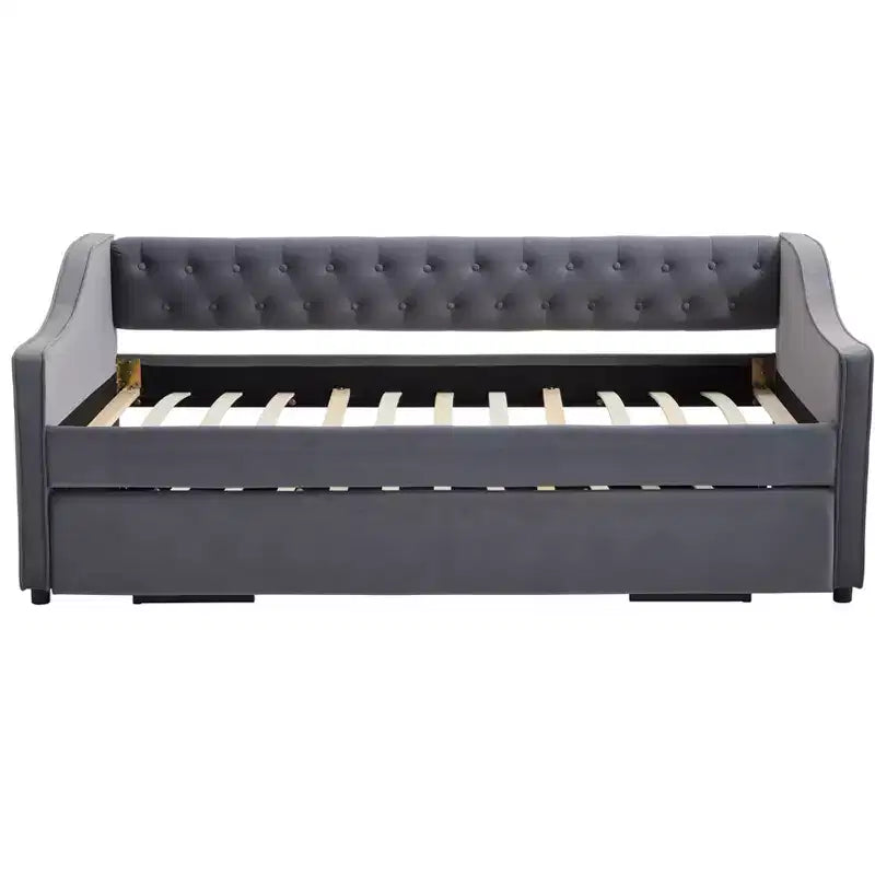 Sofá cama individual con nido, sofá cama de terciopelo con puerto USB, bolsillos laterales, respaldo capitoné para dormitorio, sala de estar - ModernLuxe
