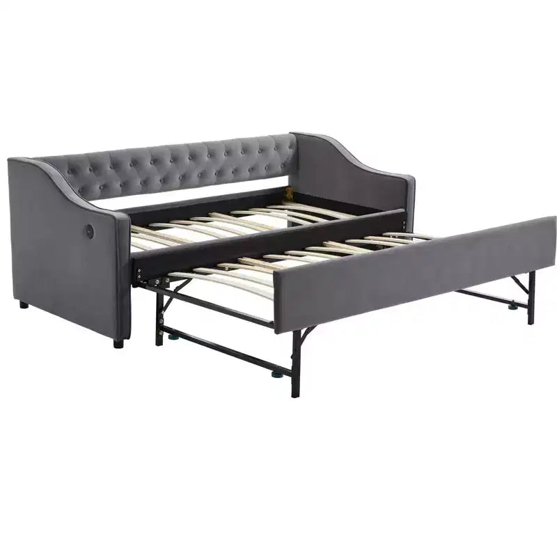 Sofá cama individual con nido, sofá cama de terciopelo con puerto USB, bolsillos laterales, respaldo capitoné para dormitorio, sala de estar - ModernLuxe