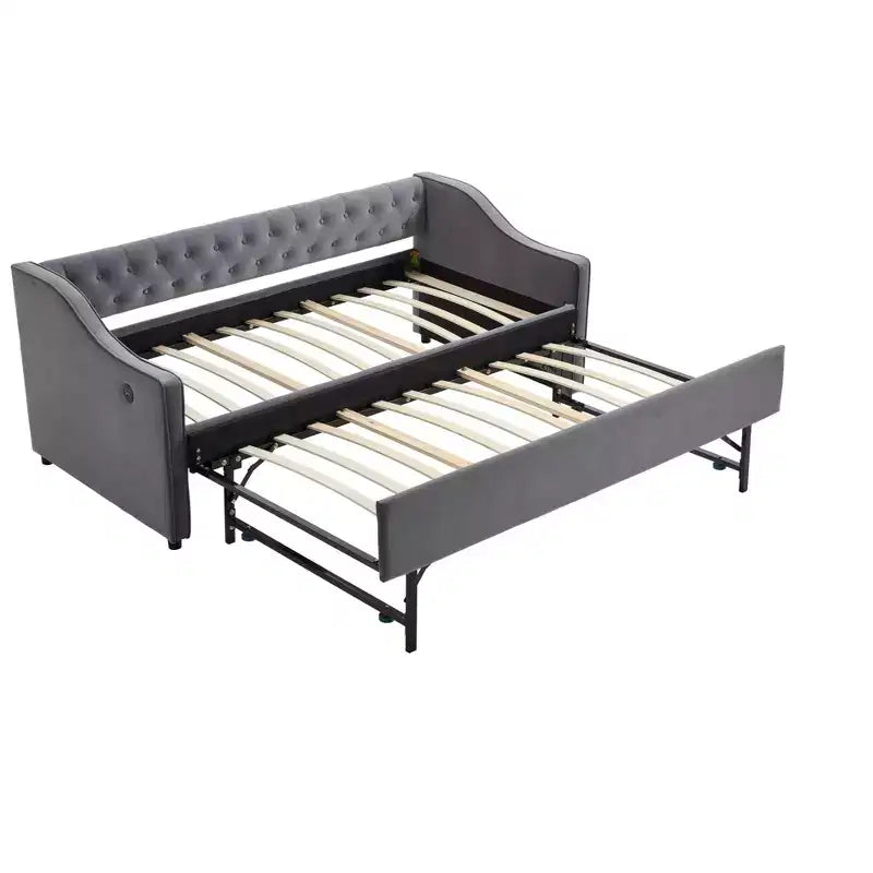 Sofá cama individual con nido, sofá cama de terciopelo con puerto USB, bolsillos laterales, respaldo capitoné para dormitorio, sala de estar - ModernLuxe