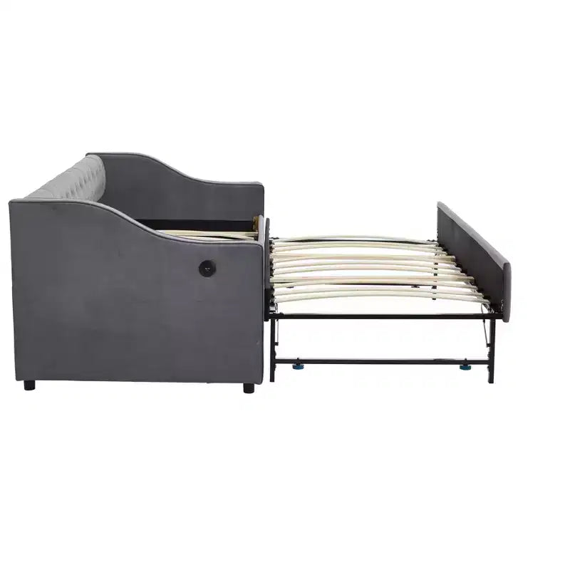 Sofá cama individual con nido, sofá cama de terciopelo con puerto USB, bolsillos laterales, respaldo capitoné para dormitorio, sala de estar - ModernLuxe