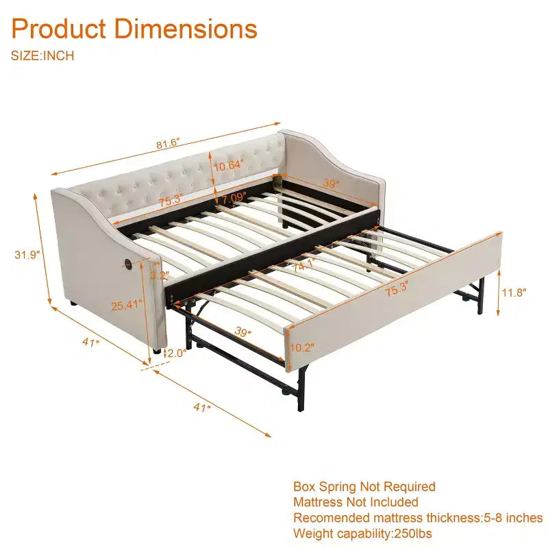 Sofá cama individual con nido, sofá cama de terciopelo con puerto USB, bolsillos laterales, respaldo capitoné para dormitorio, sala de estar - ModernLuxe