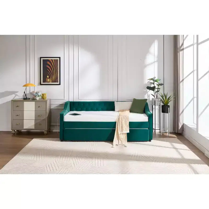Sofá cama individual con nido, sofá cama de terciopelo con puerto USB, bolsillos laterales, respaldo capitoné para dormitorio, sala de estar - ModernLuxe
