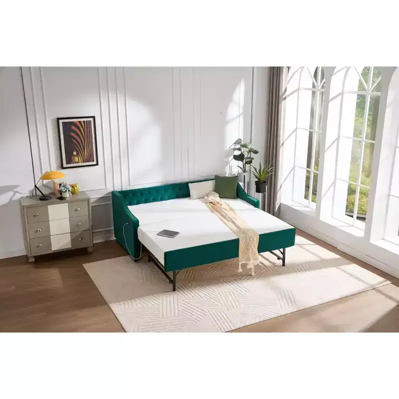 Sofá cama individual con nido, sofá cama de terciopelo con puerto USB, bolsillos laterales, respaldo capitoné para dormitorio, sala de estar - ModernLuxe