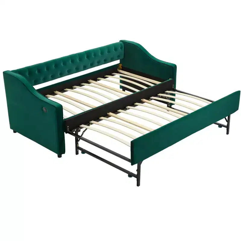 Sofá cama individual con nido, sofá cama de terciopelo con puerto USB, bolsillos laterales, respaldo capitoné para dormitorio, sala de estar - ModernLuxe