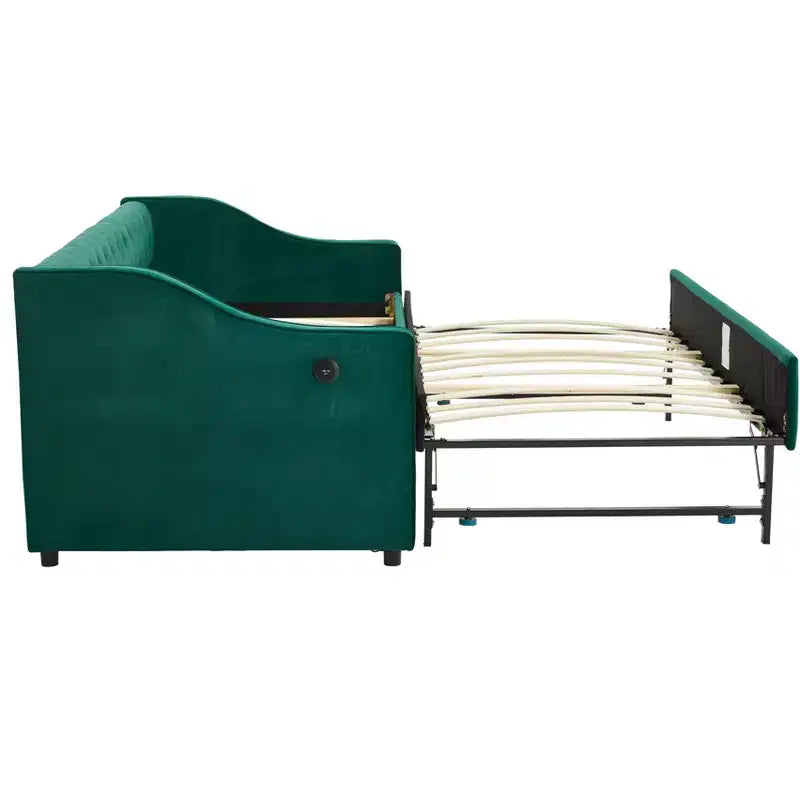 Sofá cama individual con nido, sofá cama de terciopelo con puerto USB, bolsillos laterales, respaldo capitoné para dormitorio, sala de estar - ModernLuxe
