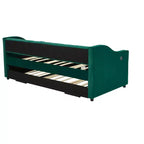 Sofá cama individual con nido, sofá cama de terciopelo con puerto USB, bolsillos laterales, respaldo capitoné para dormitorio, sala de estar - ModernLuxe