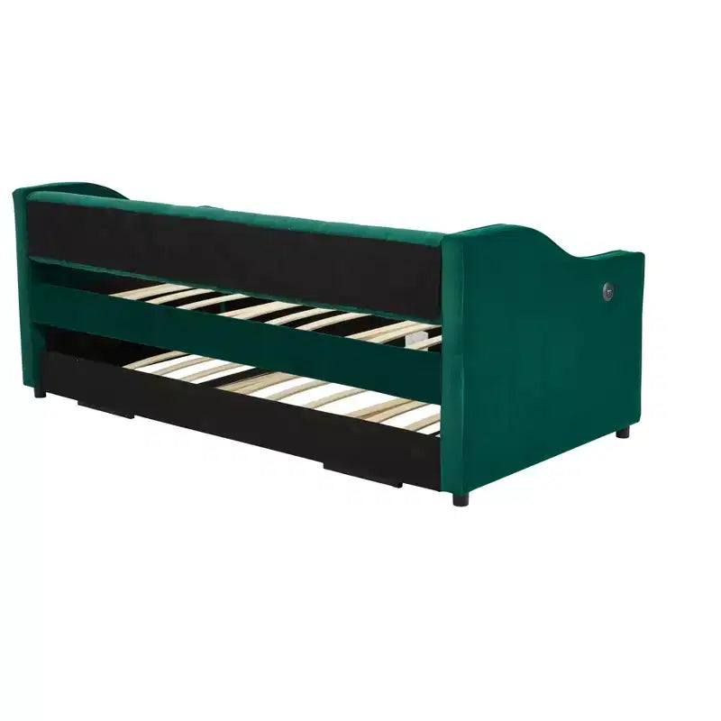 Sofá cama individual con nido, sofá cama de terciopelo con puerto USB, bolsillos laterales, respaldo capitoné para dormitorio, sala de estar - ModernLuxe