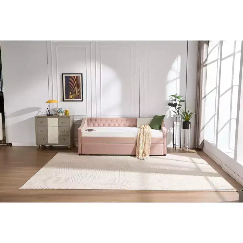 Sofá cama individual con nido, sofá cama de terciopelo con puerto USB, bolsillos laterales, respaldo capitoné para dormitorio, sala de estar - ModernLuxe