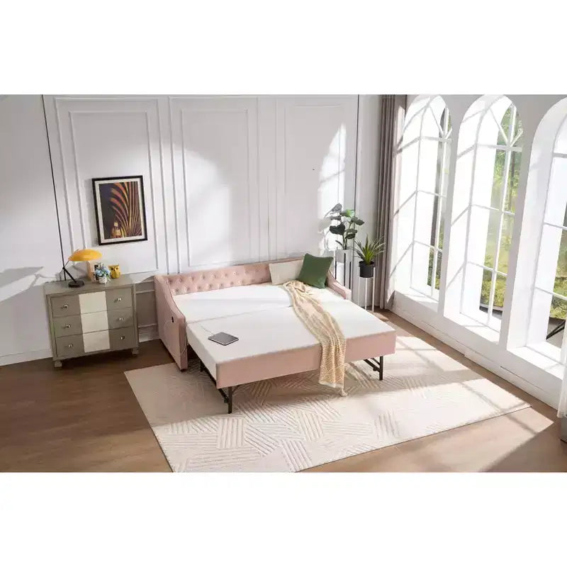 Sofá cama individual con nido, sofá cama de terciopelo con puerto USB, bolsillos laterales, respaldo capitoné para dormitorio, sala de estar - ModernLuxe