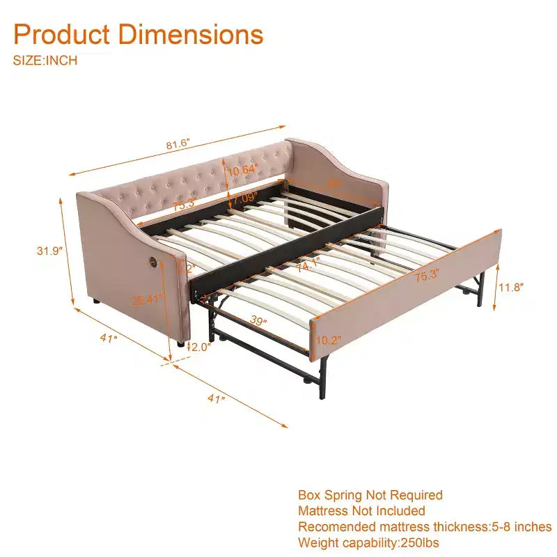 Sofá cama individual con nido, sofá cama de terciopelo con puerto USB, bolsillos laterales, respaldo capitoné para dormitorio, sala de estar - ModernLuxe