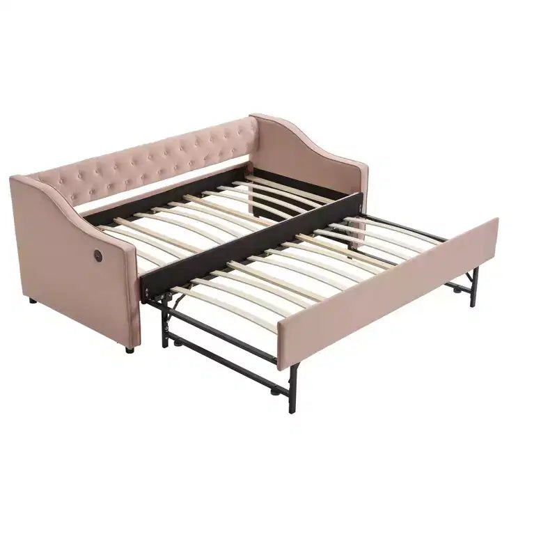 Sofá cama individual con nido, sofá cama de terciopelo con puerto USB, bolsillos laterales, respaldo capitoné para dormitorio, sala de estar - ModernLuxe