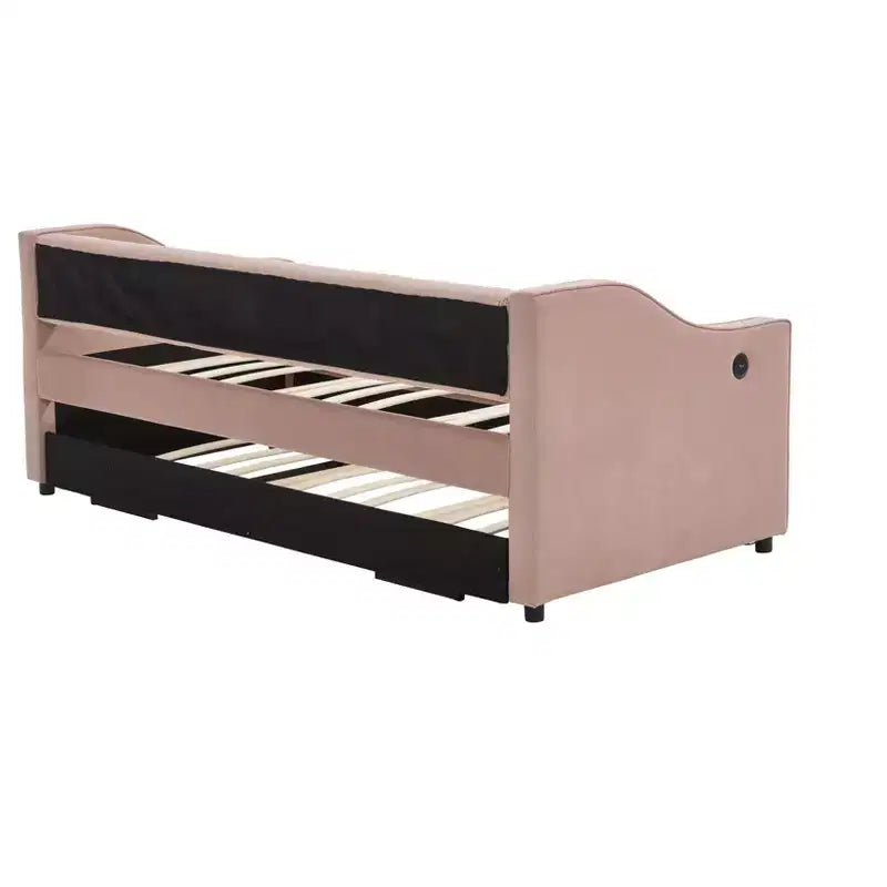 Sofá cama individual con nido, sofá cama de terciopelo con puerto USB, bolsillos laterales, respaldo capitoné para dormitorio, sala de estar - ModernLuxe