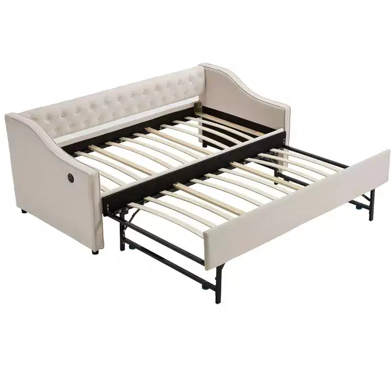 Sofá cama individual con nido, sofá cama de terciopelo con puerto USB, bolsillos laterales, respaldo capitoné para dormitorio, sala de estar - ModernLuxe