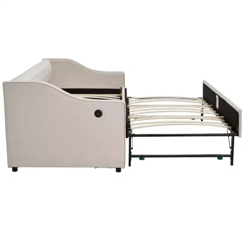 Sofá cama individual con nido, sofá cama de terciopelo con puerto USB, bolsillos laterales, respaldo capitoné para dormitorio, sala de estar - ModernLuxe