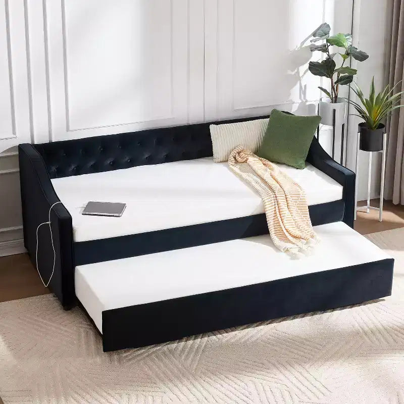 Sofá cama individual con nido, sofá cama de terciopelo con puerto USB, bolsillos laterales, respaldo capitoné para dormitorio, sala de estar - ModernLuxe
