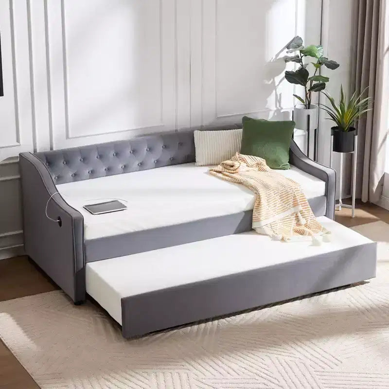 Sofá cama individual con nido, sofá cama de terciopelo con puerto USB, bolsillos laterales, respaldo capitoné para dormitorio, sala de estar - ModernLuxe