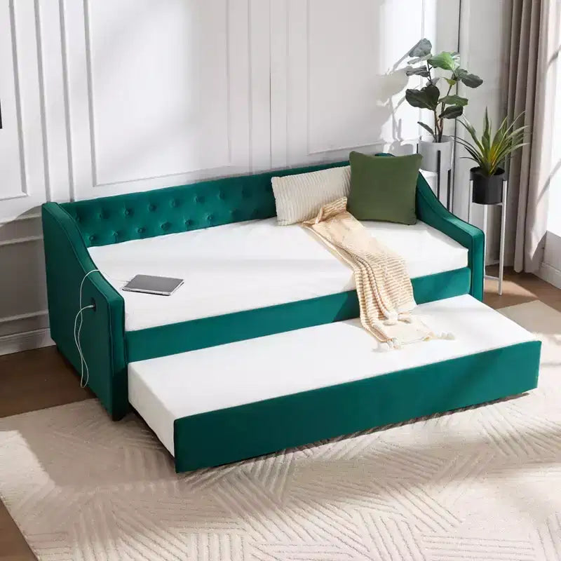 Sofá cama individual con nido, sofá cama de terciopelo con puerto USB, bolsillos laterales, respaldo capitoné para dormitorio, sala de estar - ModernLuxe