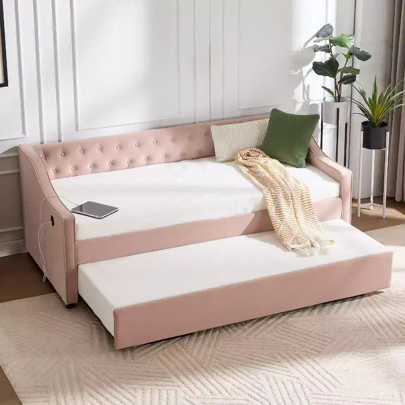 Sofá cama individual con nido, sofá cama de terciopelo con puerto USB, bolsillos laterales, respaldo capitoné para dormitorio, sala de estar - ModernLuxe