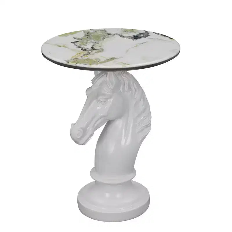Mesa auxiliar con cabeza de caballo blanco, mesa auxiliar con estatua de animal para sala de estar