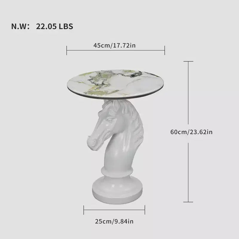 Mesa auxiliar con cabeza de caballo blanco, mesa auxiliar con estatua de animal para sala de estar